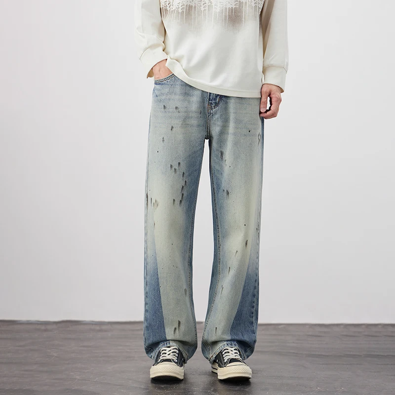 

Splice Throwing Black Paint Plus Size Jeans Men Streetwear Fashion Hip Hop Vintage Washed Denim Jeans Pants Trousers