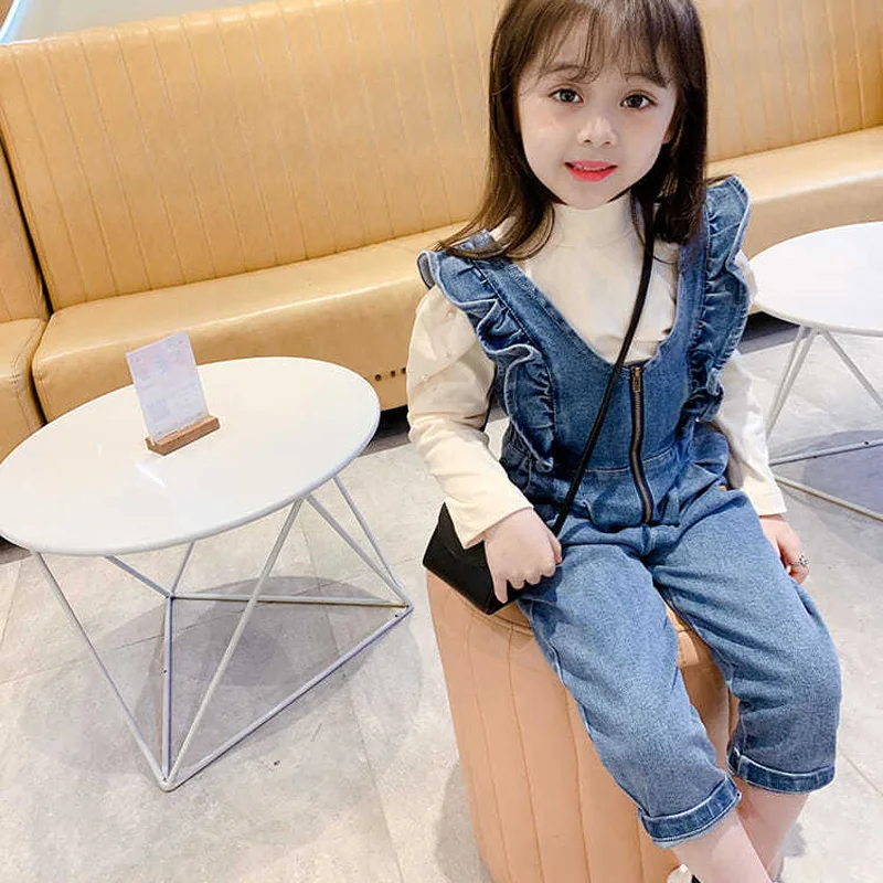 1 Piece Girls\' Denim Jumpsuits 2021 Spring Autumn New Trousers Children\'s Ruffles Overalls Girl Fashion Loose Denim Suspenders