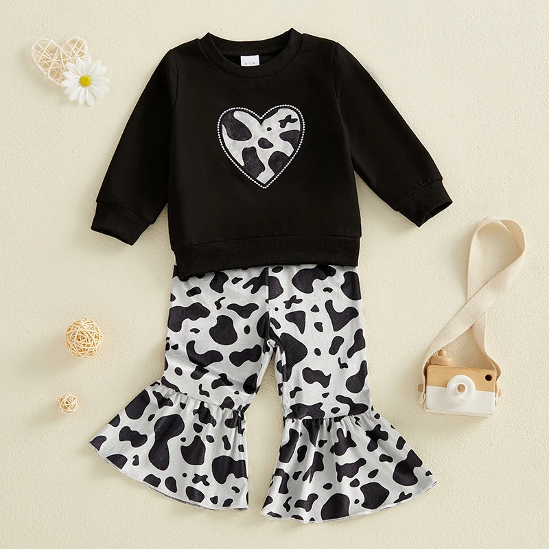 

1-4Years Kids Baby Girls Fall Clothes Sets Long Sleeve Heart Pattern Sweatshirts and Cow Print Flared Pants 2Pieces Outfits