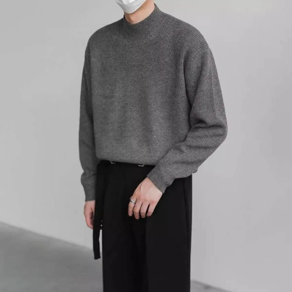 

Осенняя новая мужская однотонная футболка с высоким воротником в американском стиле ретро, модные тенденции, простые повседневные свободные дышащие мужские топы