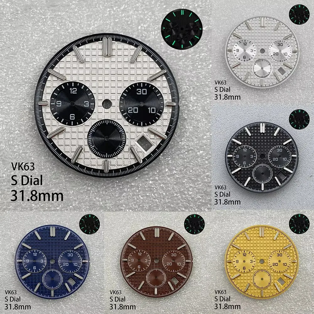 

31.8mm S Logo Panda Three Eyes Dial Fit VK63 Movement Green Luminous High-Quality Dial Watch Modification Accessories