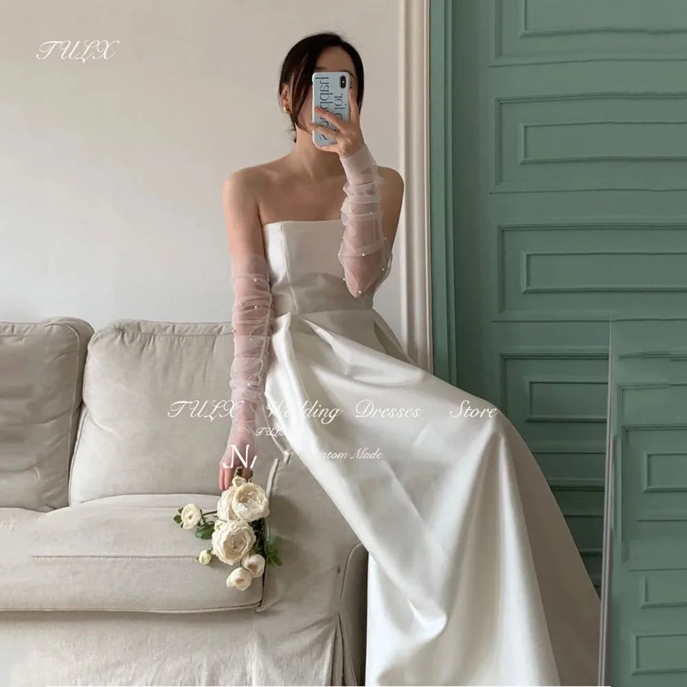 

TULX Simple Strapless Korea Wedding Dresses Pearls Sleeves Satin Corset 웨딩드레스 Ivory Satin Custom Made Bride Gowns Plus Size 2025