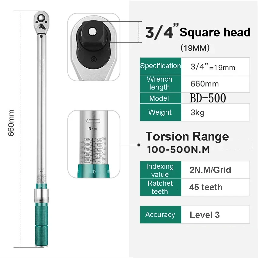 

3/4 Square Drive Torque Wrench 500N.m Accuracy 3% Car Bike Repair Hand Tools Spanner Two-way Ratchet Key Repair Torque wrench