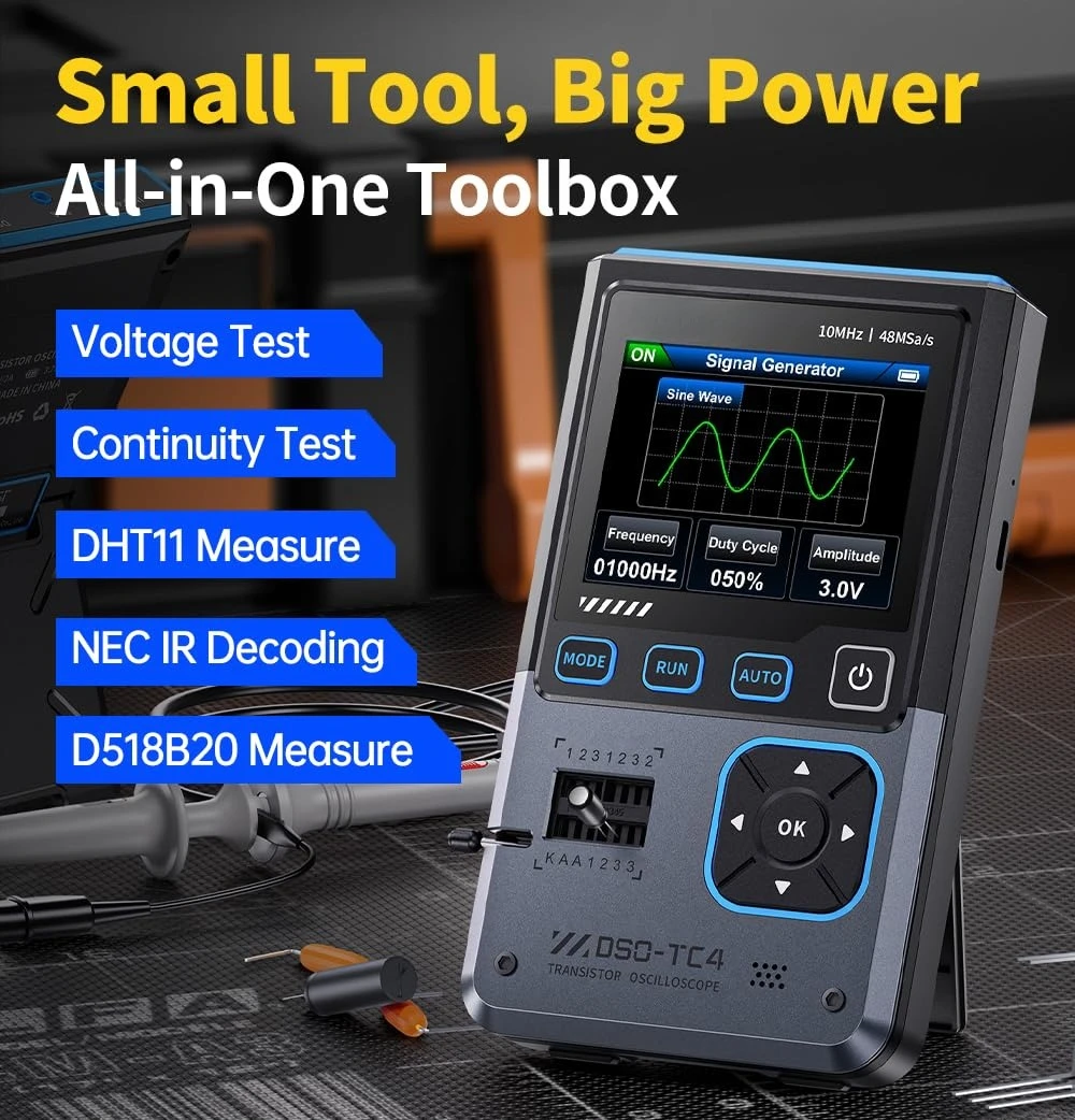 

【Обновленная модель с датчиком 1xP6100】 Цифровой осциллограф FNRSI DSO-TC4 3 в 1/тестер транзисторов/генератор сигналов 10 МГц 48 Мбит/с