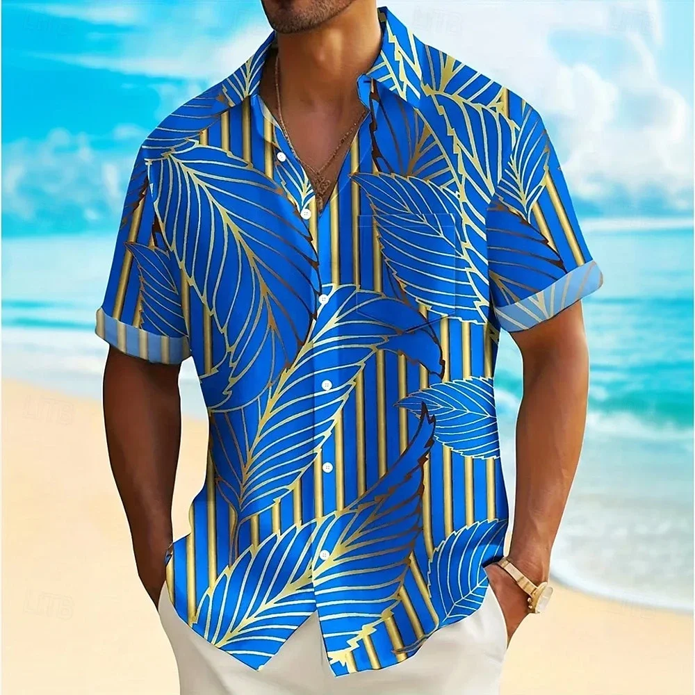 

fashion Men Hawaiian Shirt Gold Leaf Patterns Short Sleeve shirts for men Beach Vacations Summer Parties oversized men clothing