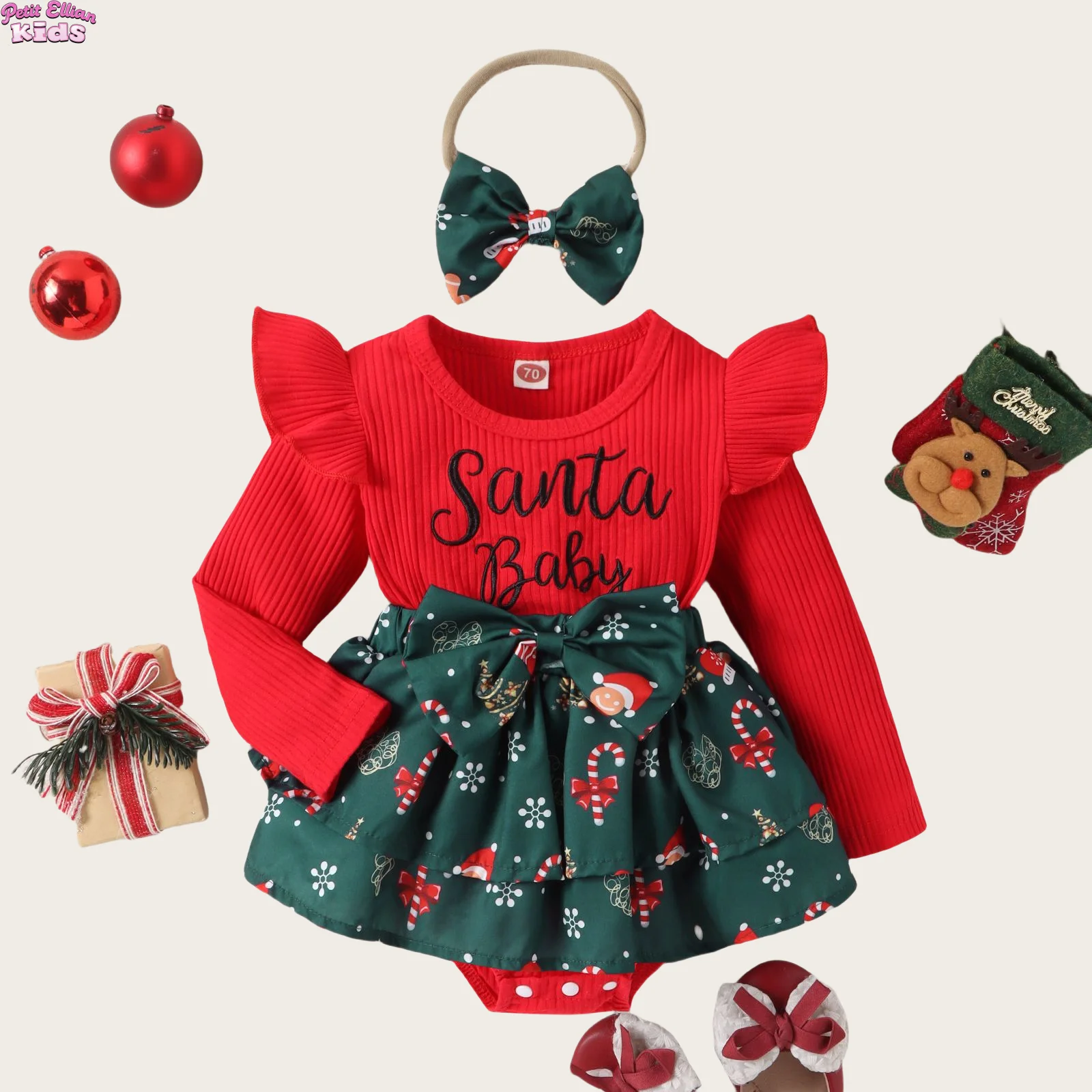 

Baby Girl Cotton Christmas Romper Dress Sets 0-24M Letter Print Ruffle Sleeve Dress and Bow Headband Holiday Infant Girls Outfit