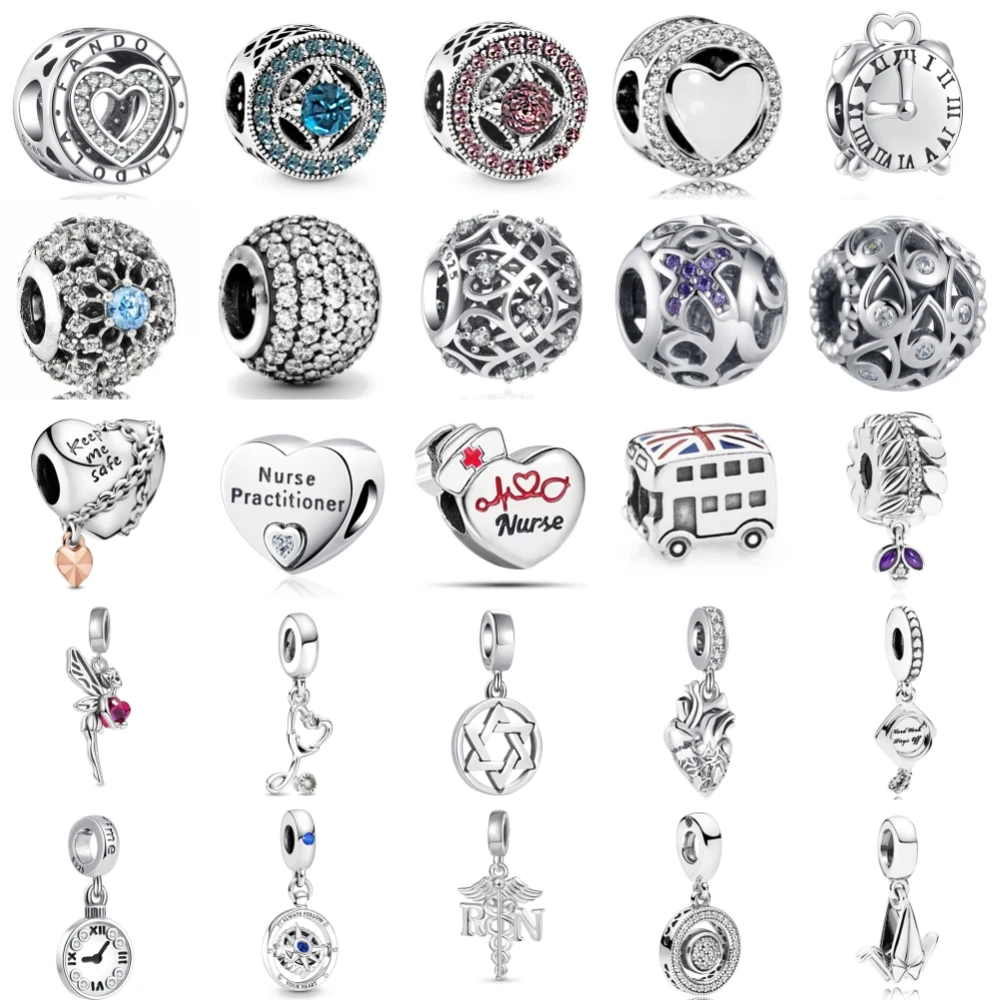 New 925 Sterling Silvering Nurse Cap Clock Angel Charm of ley 925 Chain Beaded Fit Original Pandora Bracelet DIY Ladies Jewelry