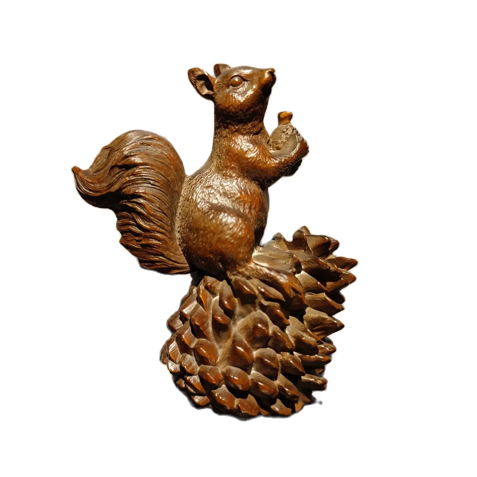 

vintage carved wooden cute squirrel figurine wood statue Boxwood Pinecone gift sculpture statue desk Study souvenir