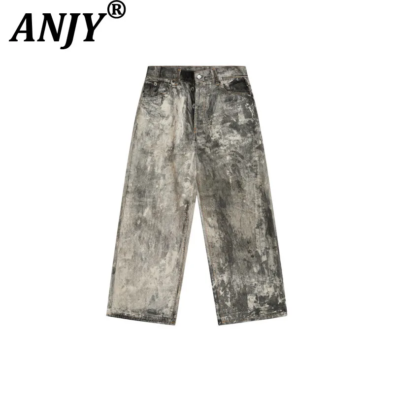 ANJY Women Jeans Stylish Splash Ink 3D Digital Printed Buttons Mud Tie-Dye Distressed High Street Cotton Denim Pants New A28934