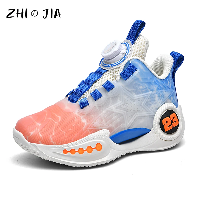 Children's Basketball Shoes Rotating Buckle High Top Mesh Breathable Sneaker teenagers Boys Girls Fashionable Casual Footwear