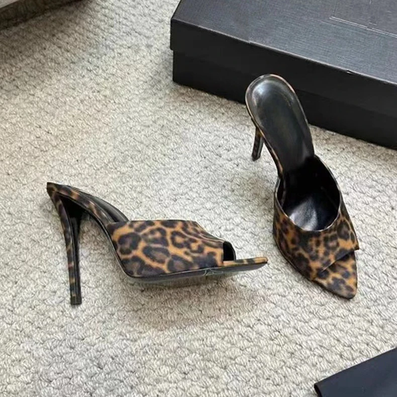 New spring and summer open toed pointed leopard print straight drag women's sexy slim heeled high heels for wearing sandals