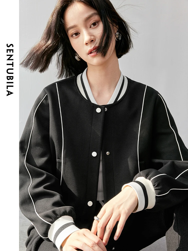 SENTUBILA Women Sporty Cotton Baseball Jackets   2024 Autumn Casual Loose Patchwork Single Breasted  Coat 143W55948