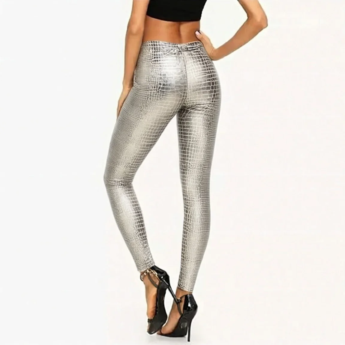 Silberne Leggings mit Schlangenhautmuster für Damen, metallisch glänzend, hochtailliert, schmale Hose, aus Kunstleder, dehnbar, für Clubwear und Partys. – Detail 4