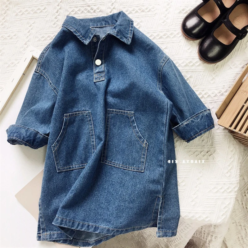 Spring Autumn Children Clothing Girls Dress 2022 New Fashion Lapel Loose Denim Long Dress Baby Clothes Casual Dress for Girls