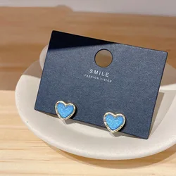 Korean Fashion Blue Resin Heart Earrings for Women Small Cute 925 Silver Needle Alloy Ear Studs Wedding Party Jewelry Wholesale