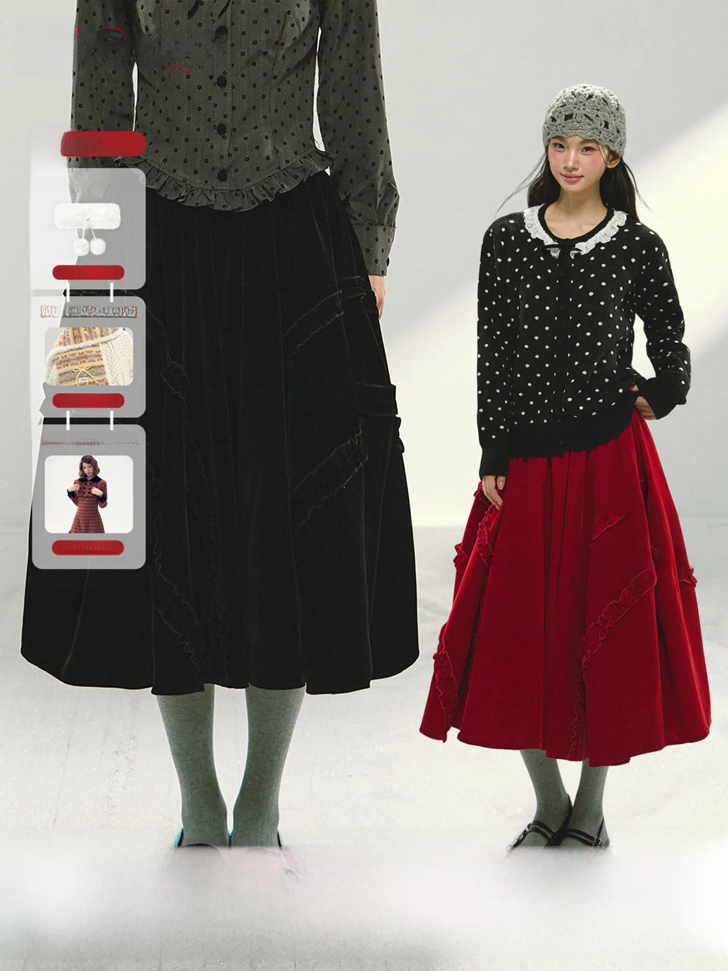 

Cisas Red Velvet Bla Velvet Tulle Skirt f-length Puffy Skirt Flud Winter Women's Mid-waist Nylon Embellied