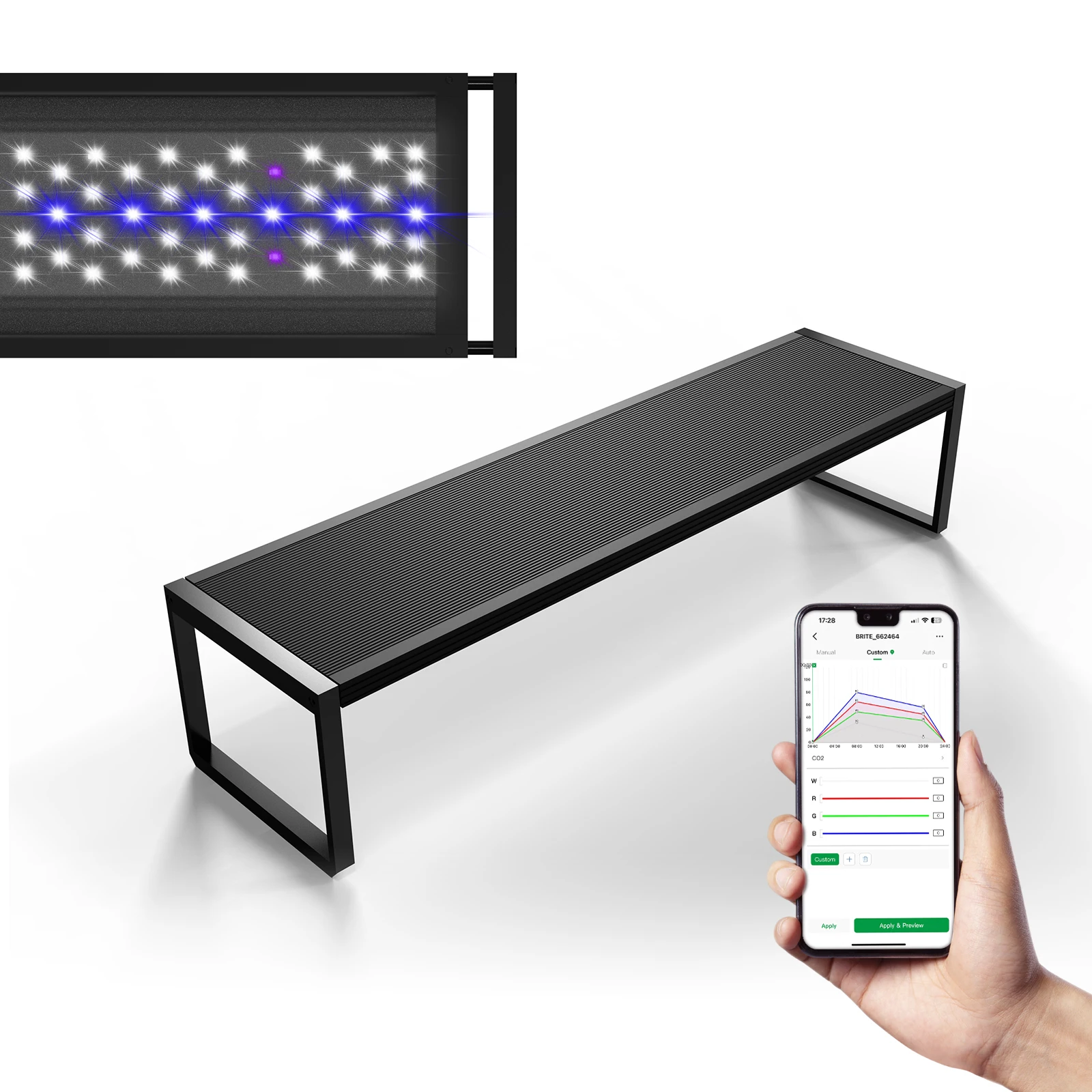 Brite Series Auto Aquarium LED Light with App-Controlled RGB+W LEDs, Custom Sunrise/Sunset Colors in Manual/Auto/Custom Modes