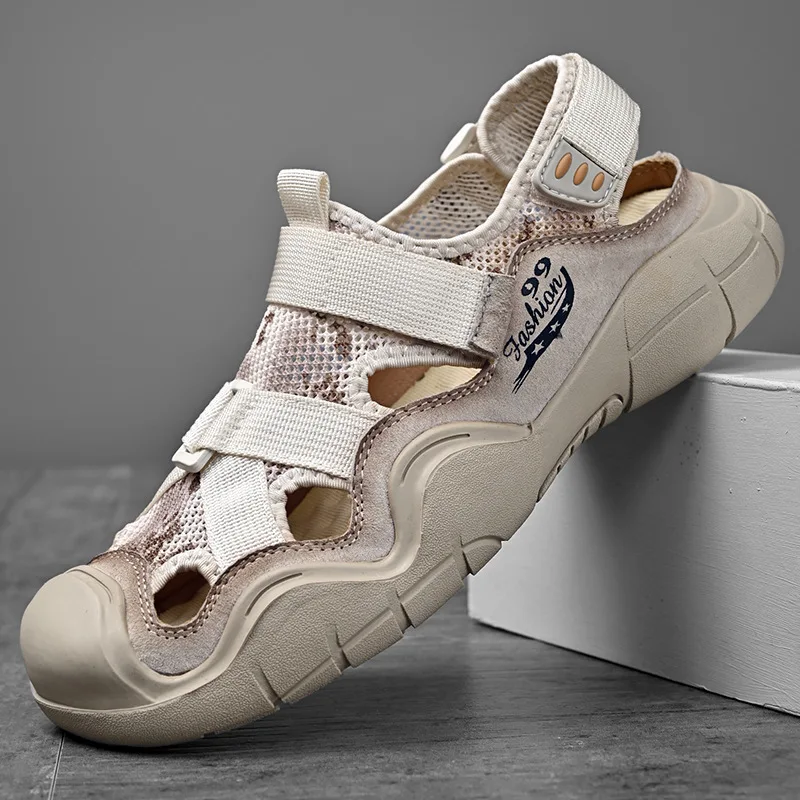 

Уличная пляжная обувь, мужская обувь босиком, водная кожаная обувь из чистой сетки ручной работы, дышащие полые повседневные спортивные сандалии для рыбалки кроксы мужские сандалии мужские летние босоногие кроссовки