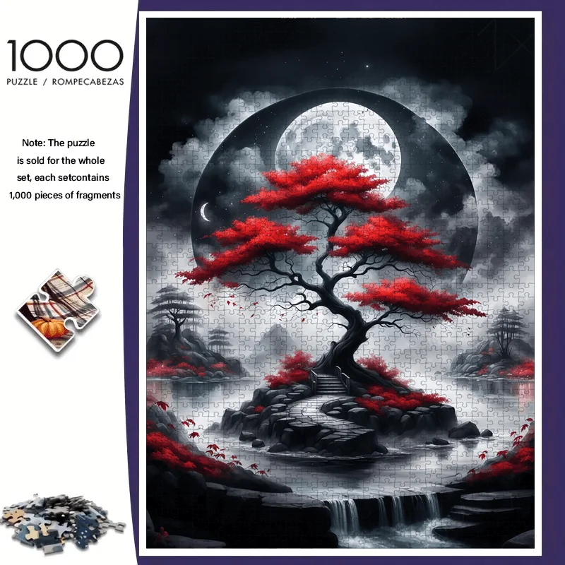 1000 Stück japanisches Landschaftspuzzle für Erwachsene – großes, herausforderndes Puzzle mit Kirschblüten, roten Blättern, Schwarz und Weiß
