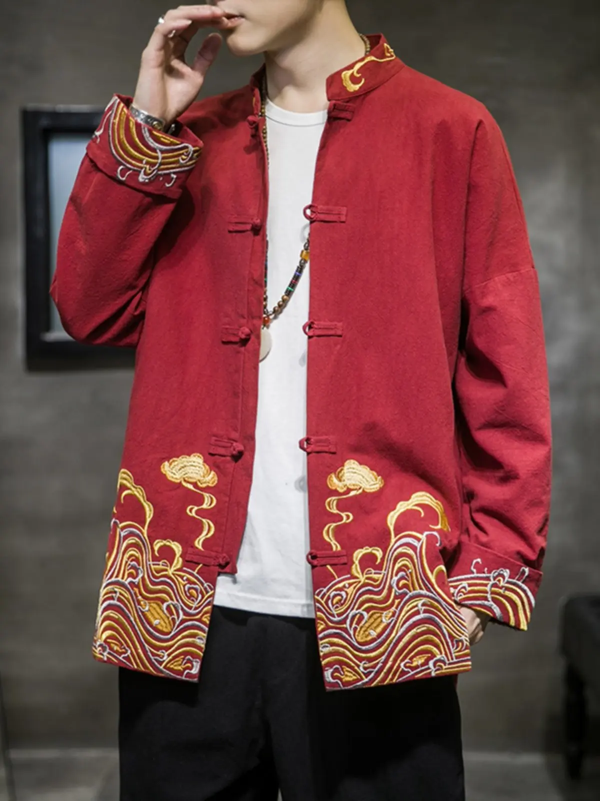 

Red Retro Embroidered Dragon Pattern Button up Men's Shirt Chinese Style Long Sleeve Casual Coat for Year Meeting