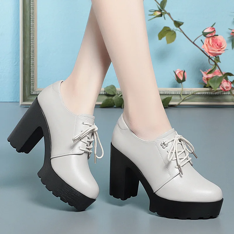 British Style Soft Leather Chunky Platform Shoes 2024 Spring Block High Heels Shoes Women Oxfords For Office Model 9.5 cm