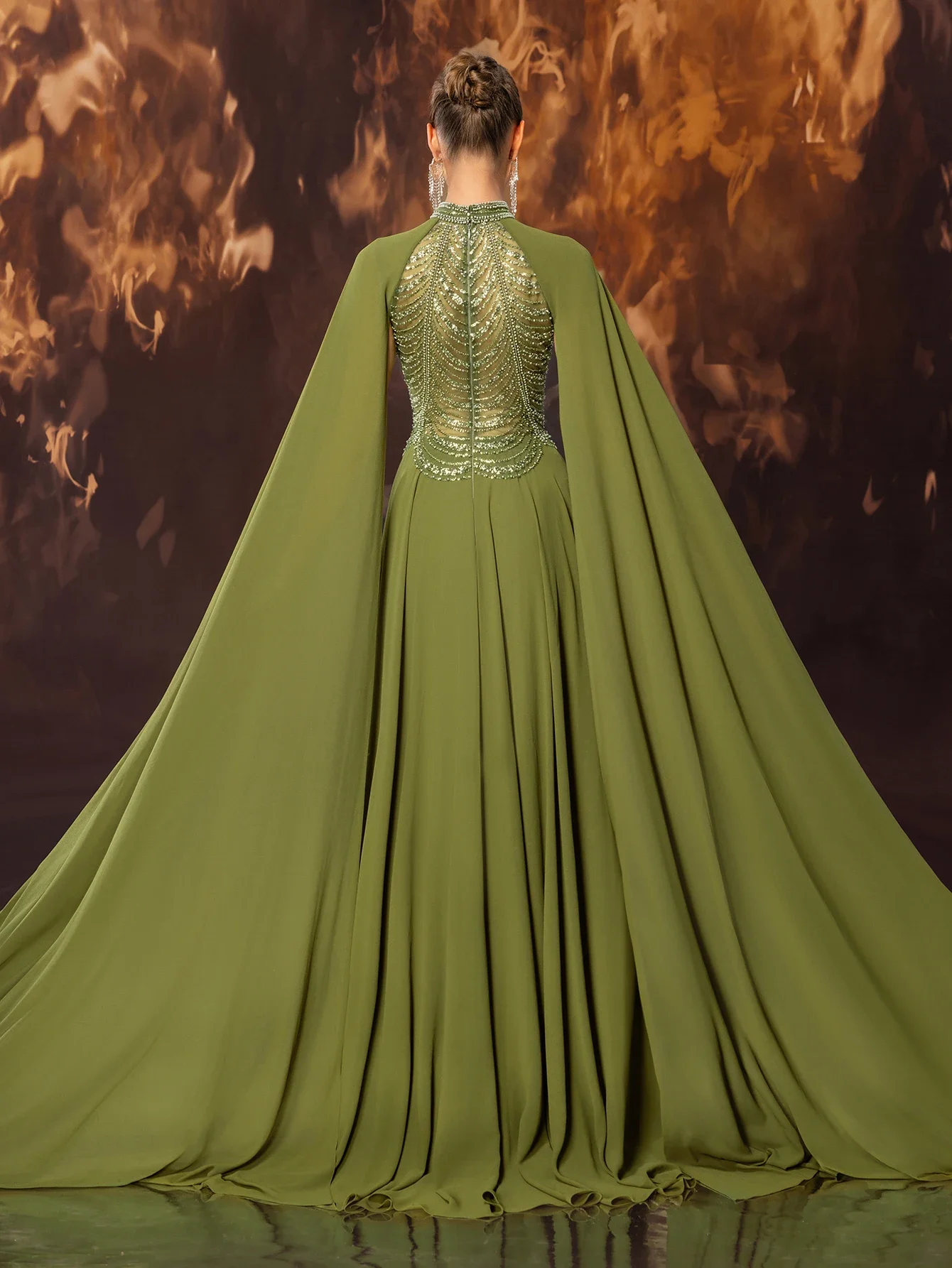 여성 정장 연회 이브닝 드레스 화려한 쉬폰 네일 비즈 스탠드 업 칼라, 울트라 긴 소매 이브닝 드레스 맞춤형