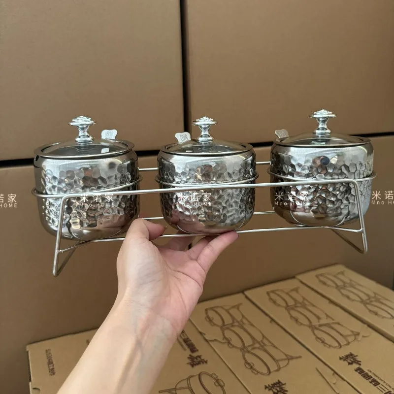 

Бытовая банка для приправ из нержавеющей стали с ложкой и крышкой, круглая количественная коробка для приправ, кухонные принадлежности