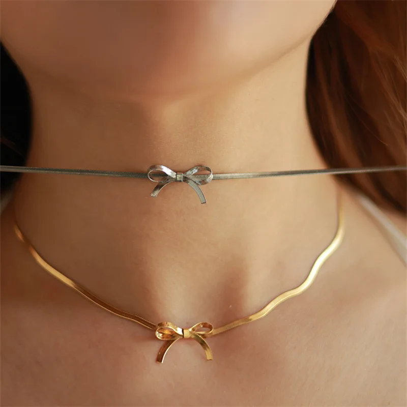 PAPERPLUS | Minimalist Bowknot Necklace New Design Girl Stainless Steel  Short Bow Choker French Simple Clavicle Chain 18K