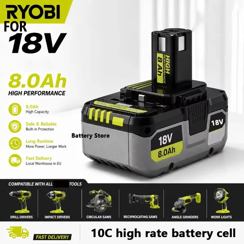New Powerful Lithium For RYOBI 18V Battery 6.0AH 8.0Ah P104 P105 P107 P108 P109 Low Self Discharge Compatible with All 18V Tools