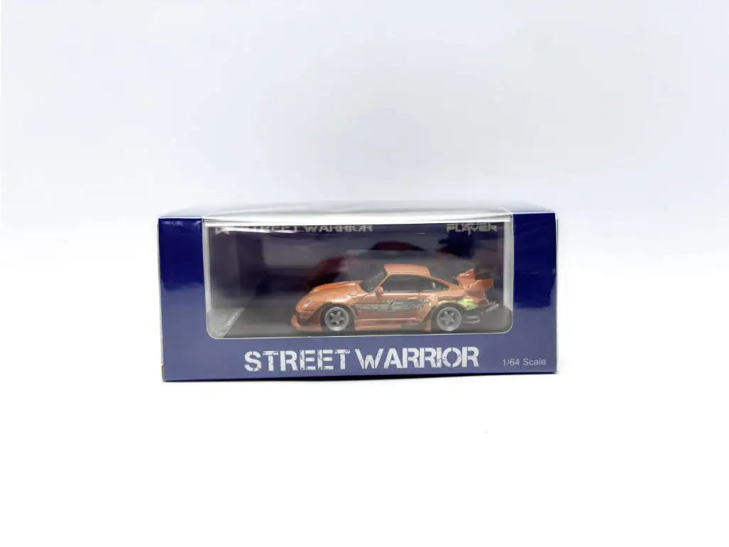 In Stock Street Warrior 1:64 RWB 993 Diecast Model Car. Vibrant orange finish with custom flame graphics, iconic widebody design