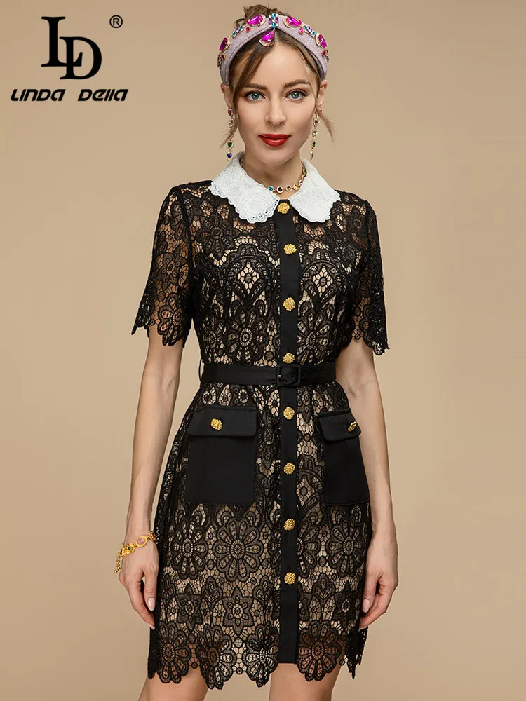 LD LINDA DELLA 2023 Runway Summer Dress Women Short sleeve Vintage Lace Hollow Out Single Breasted Belt Slim Short Black Dress