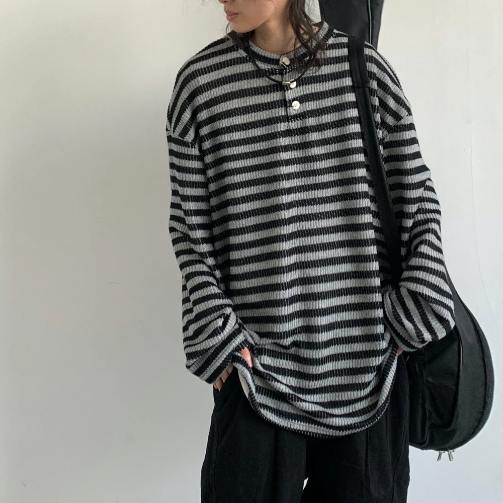 Japanese Korean Preppy Style Knit T-shirt Men Women Striped Long Sleeve Spring Autumn Casual Loose Fit Oversized Pullover Trendy