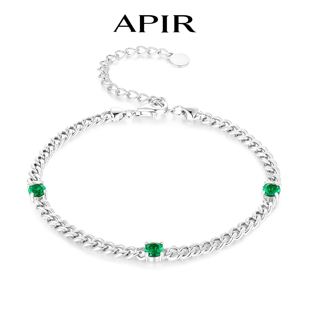 APIR 4mm Round Cut Lab-grown Emerald Cuban Link Bracelet for Women Man S925 Sterling Silver Stackable Chain Elegant Jewelry Gift