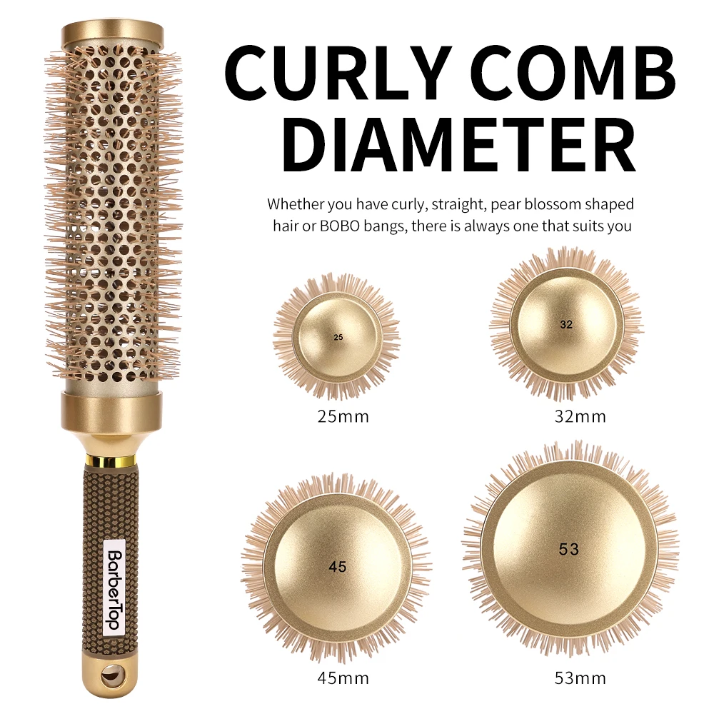 Pro Barber Aluminum Tube Hair Curling Brush Anti-Static Round Rolling Brush for Salon Styling Tools Round Barrel Hair Brush