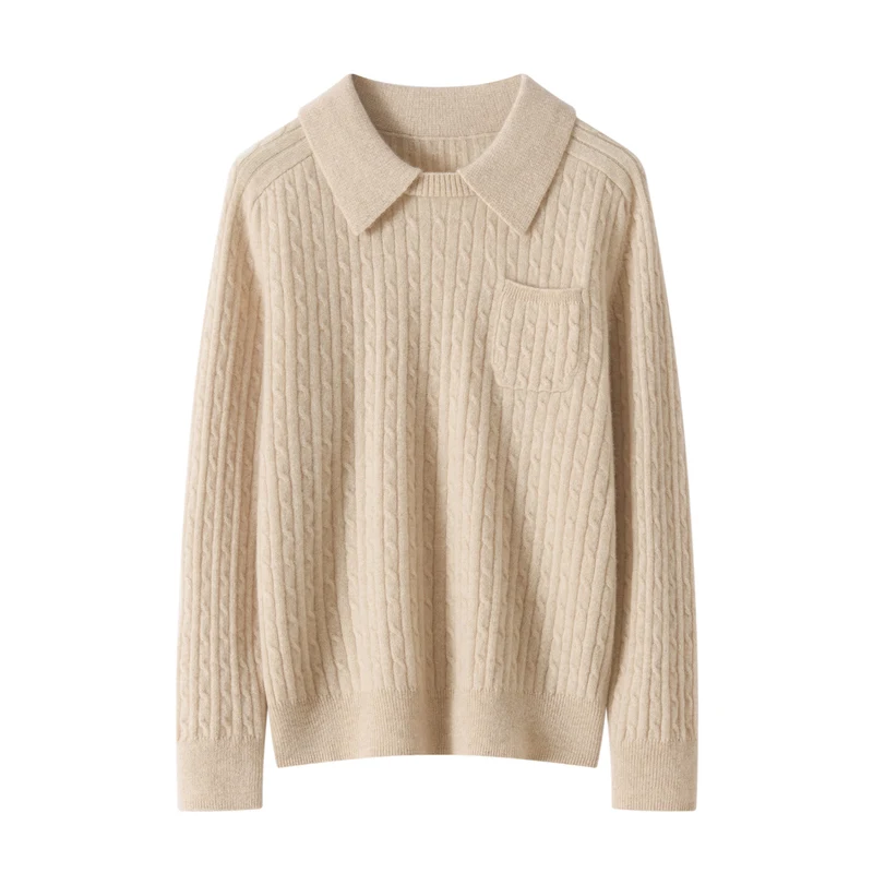 High quality women's 100% pure cashmere pullover luxury brand solid knitted sweater loose POLO collar Tops Pull Jumper thick
