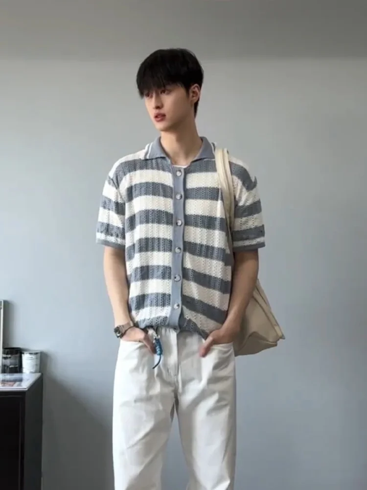 

Мужская летняя тонкая вязаная рубашка с вырезами и полосками, повседневная, в американском стиле, с отложным воротником, для отдыха на острове