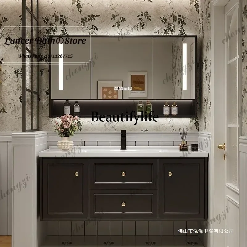 French multi-layer solid wood bathroom cabinet combination ceramic integrated hand washing table washbasin cabinet b567