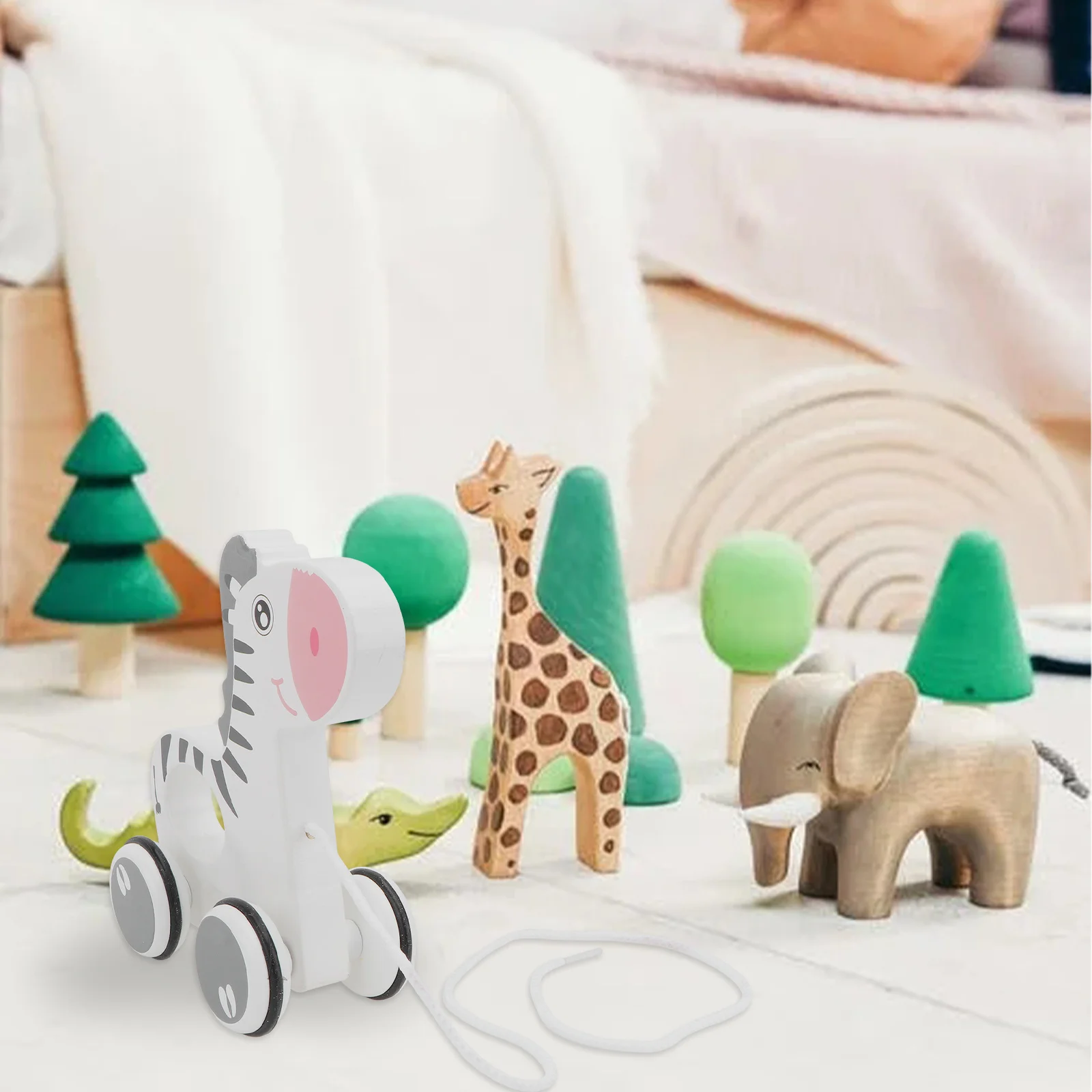 1Pcs Cartoon Animal Wooden Pull Along Trailer Kid Educational Pulling Car Gift Toddler Activity