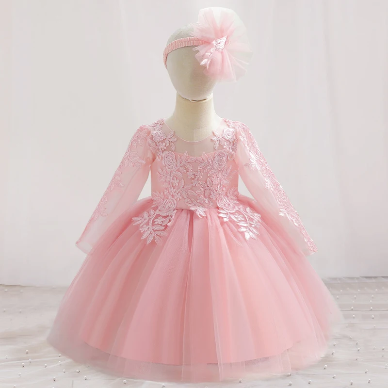 

Flower Pink 1st Birthday Dress For Baby Girl Clothes Long Sleeve Princess Dress Elegant Girls Dresses Lace Baptism Party Gown