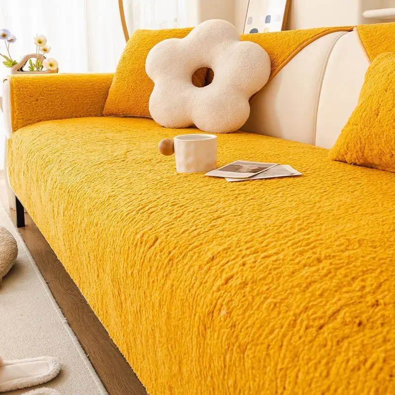 Lambswool Plush Living Room Sofa Cushion Thickened Seat Cushion for Fall/Winter Plush Anti-Slip Sofa Cover Backrest Throw