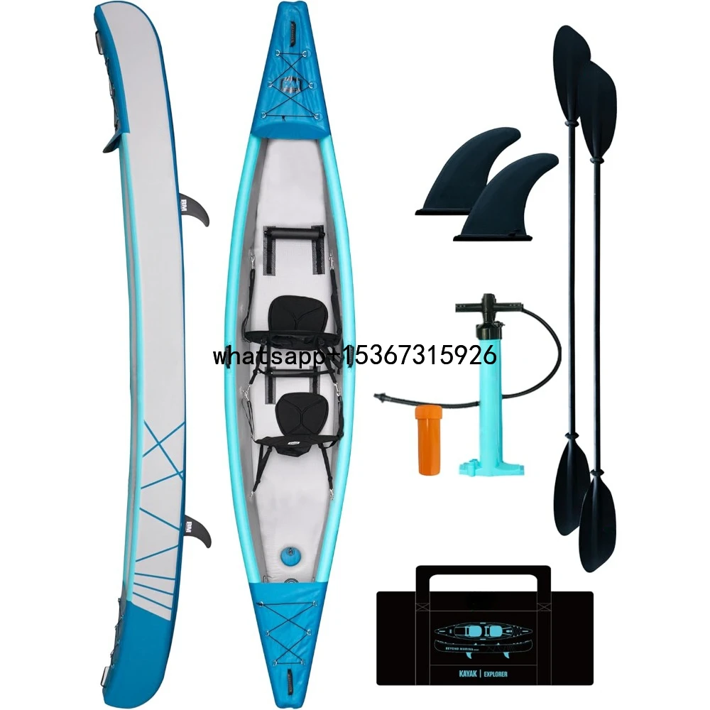 

Inflatable Kayak 2 Person Adult Drop Stitch Tandem Kayak | with Aluminum Paddles, Seats, Footrests, Pump, Fins, Explorer 13.77ft