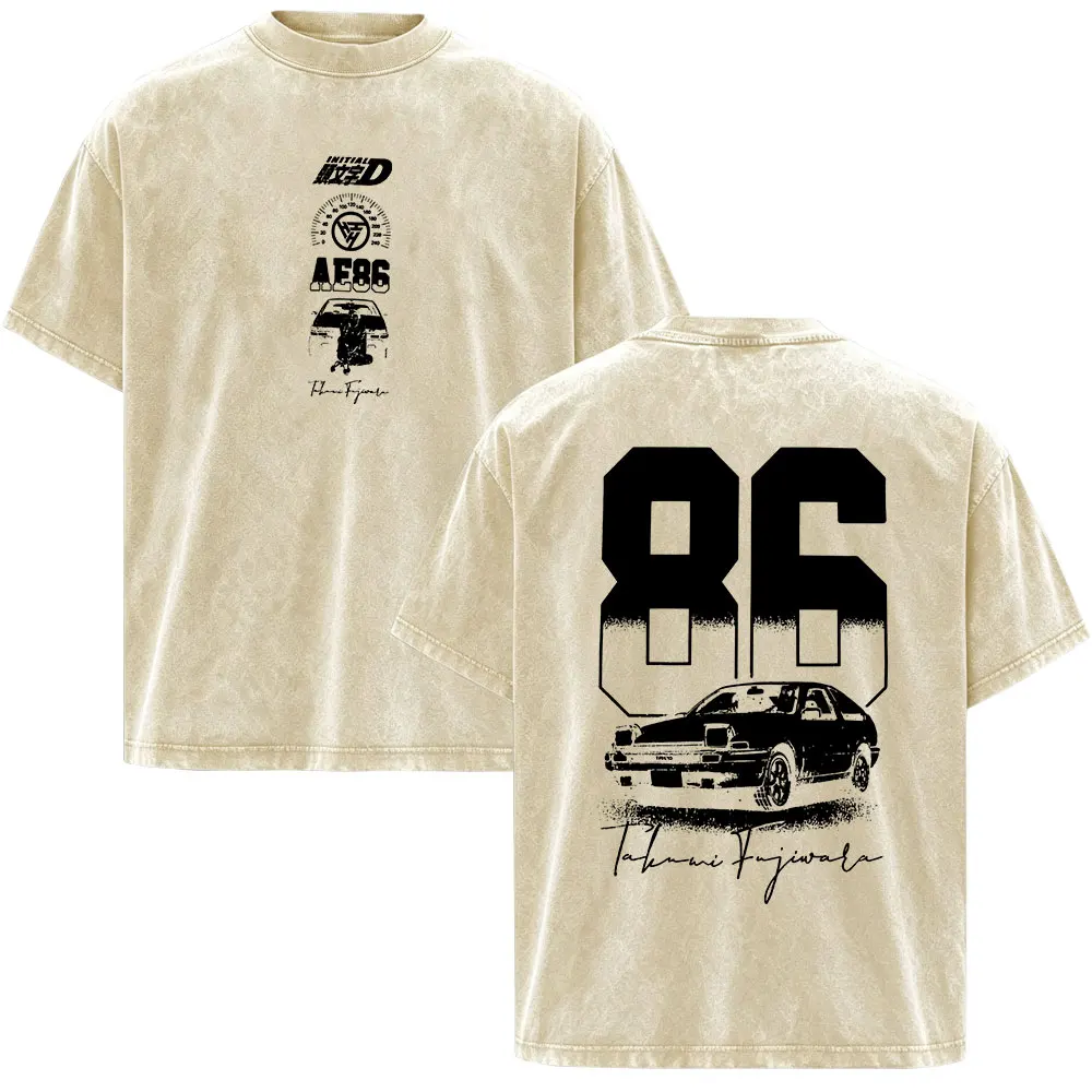 Vintage Washed Initial D Drift AE86 Takumi Fujiwara Tofu Shop Anime T-shirts JDM Car T-shirt Unisex Short Sleeves Loose T-shirt