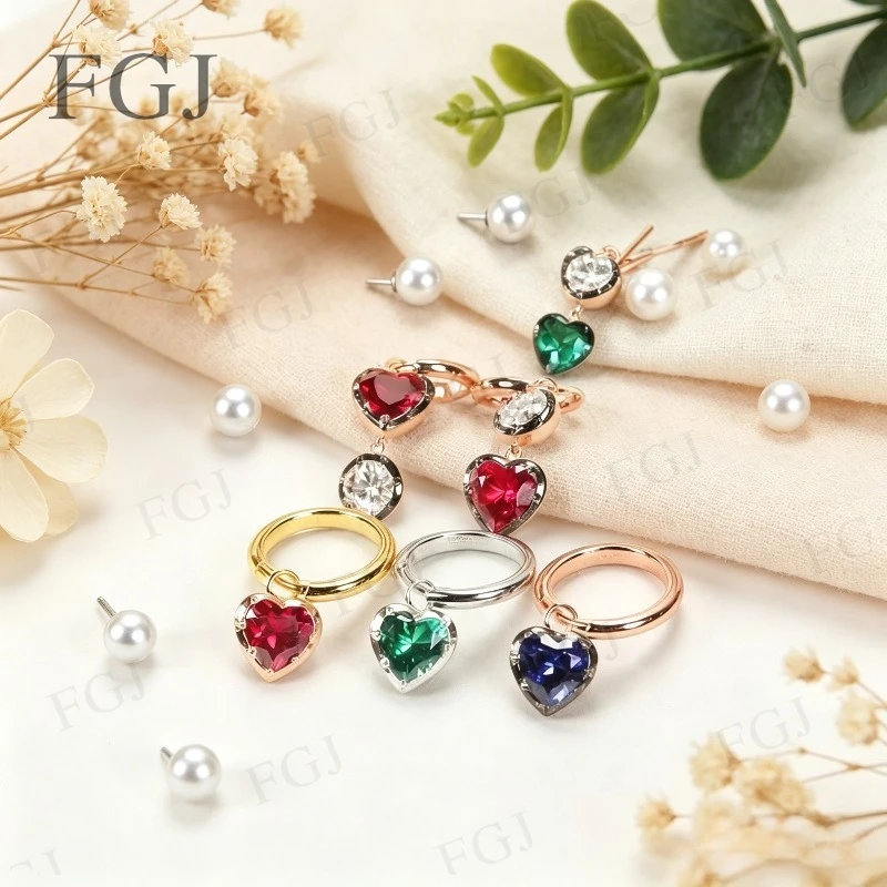 

925 Sterling Silver Earring Moissanite Columbia Sapphire Ruby Heart & Round Stone For Women Wedding Morther's Day Jewelry Gifts