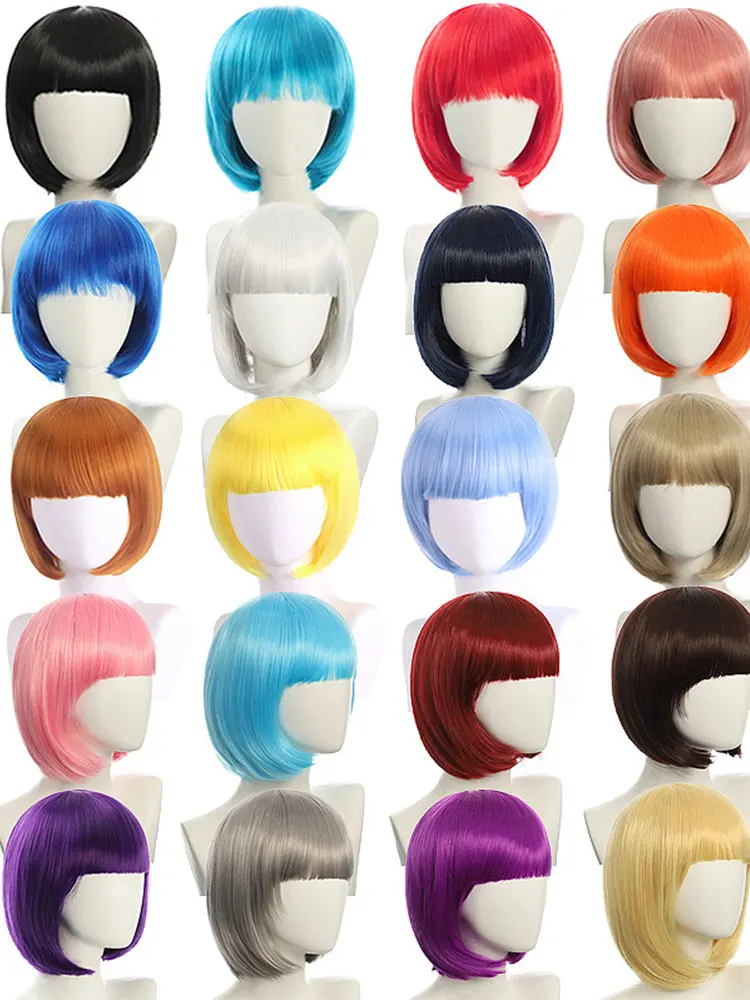 Grensoverschrijdend vrouwelijk kort haar, meerkleurig natuurlijk bobkapsel, synthetische pruik voor festivalfeesten, pony, bobo-hoofddeksels - afbeelding 2
