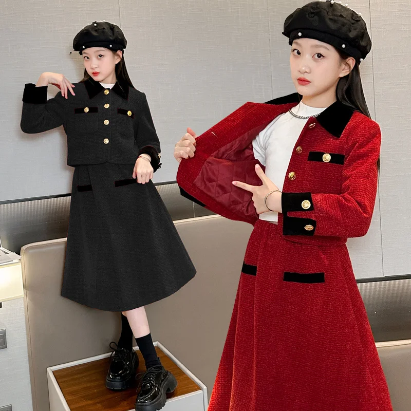 winter thick cotton teen girl clothes set Red black color blocked lapel jacket+long skirt 3pcs junior kids suit child outfits 14