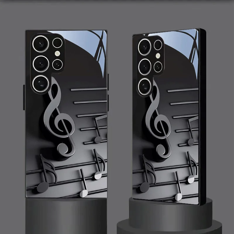 Black and Silver Musical note art pattern TPU Glass Phone case,suitable for Samsung S26/S25/S24/S23/S22/S21/S20 and other models