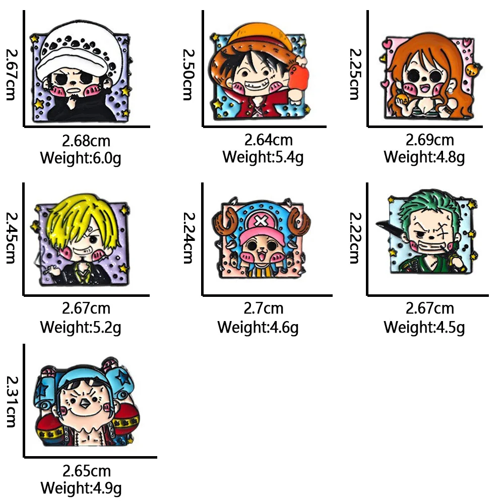 7Pcs One Piece Enamel Pins Set, Cute Q Version Luffy Zoro Nami Law Franky Chopper Brooches for Backpack Fans Gifts - view 5