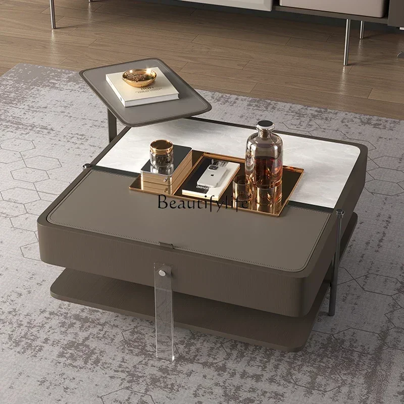

New coffee table living room modern simple Italian minimalist acrylic saddle leather rock slab coffee tableLX
