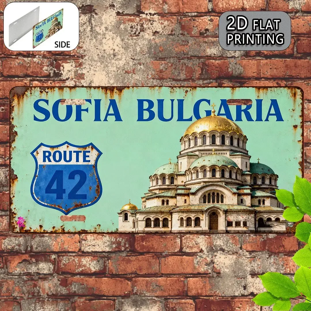 Sofia Bulgaria Route 42 Alexander Nevsky Cathedral 2D Flat Printing License Plate Style Metal Tin Sign, Bulgarian City Themed