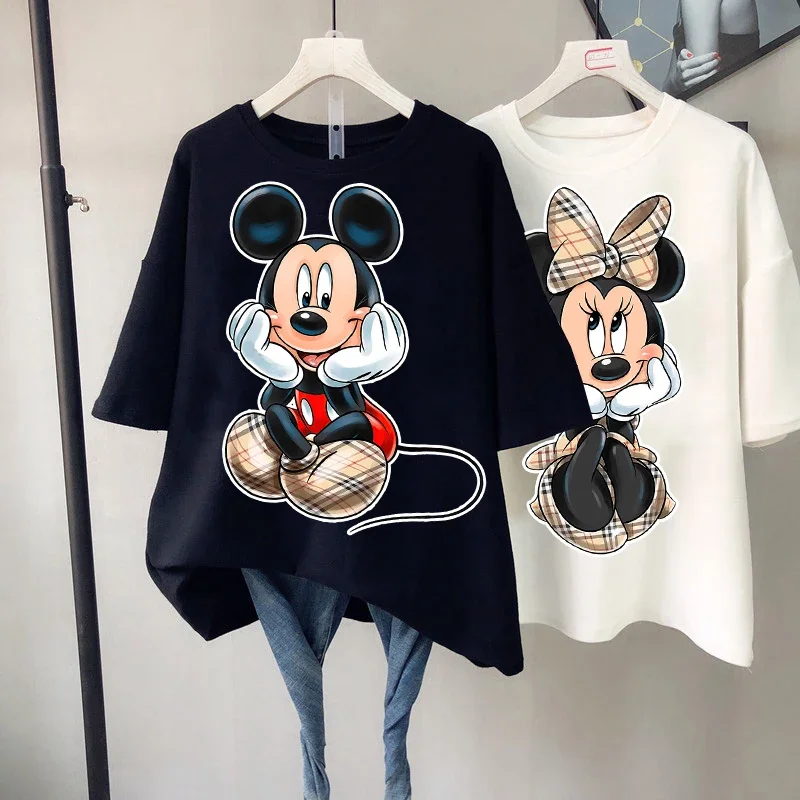 Kaus wanita ukuran besar, kaus Fashion Ulzzang Wanita Atasan kartun Mickey Minnie dengan lengan pendek atasan 90s Y2k